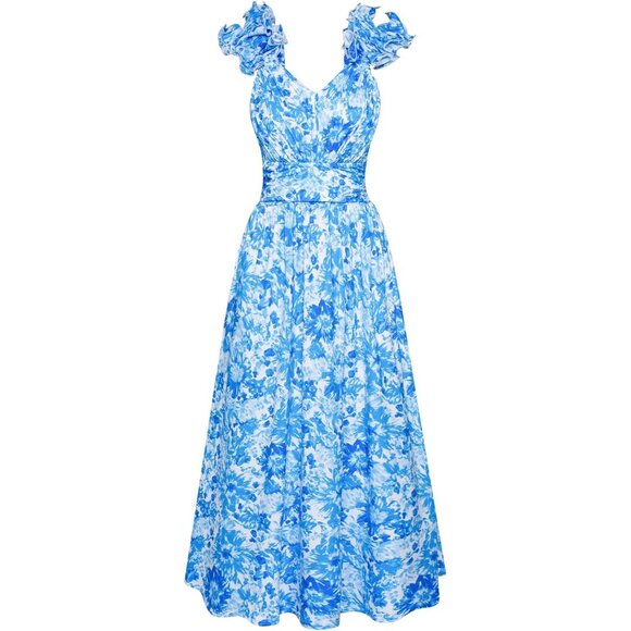 Women's Floral Summer Dress Mesh Waist Flowy A-Line Casual Wedding - Picture 1 of 5
